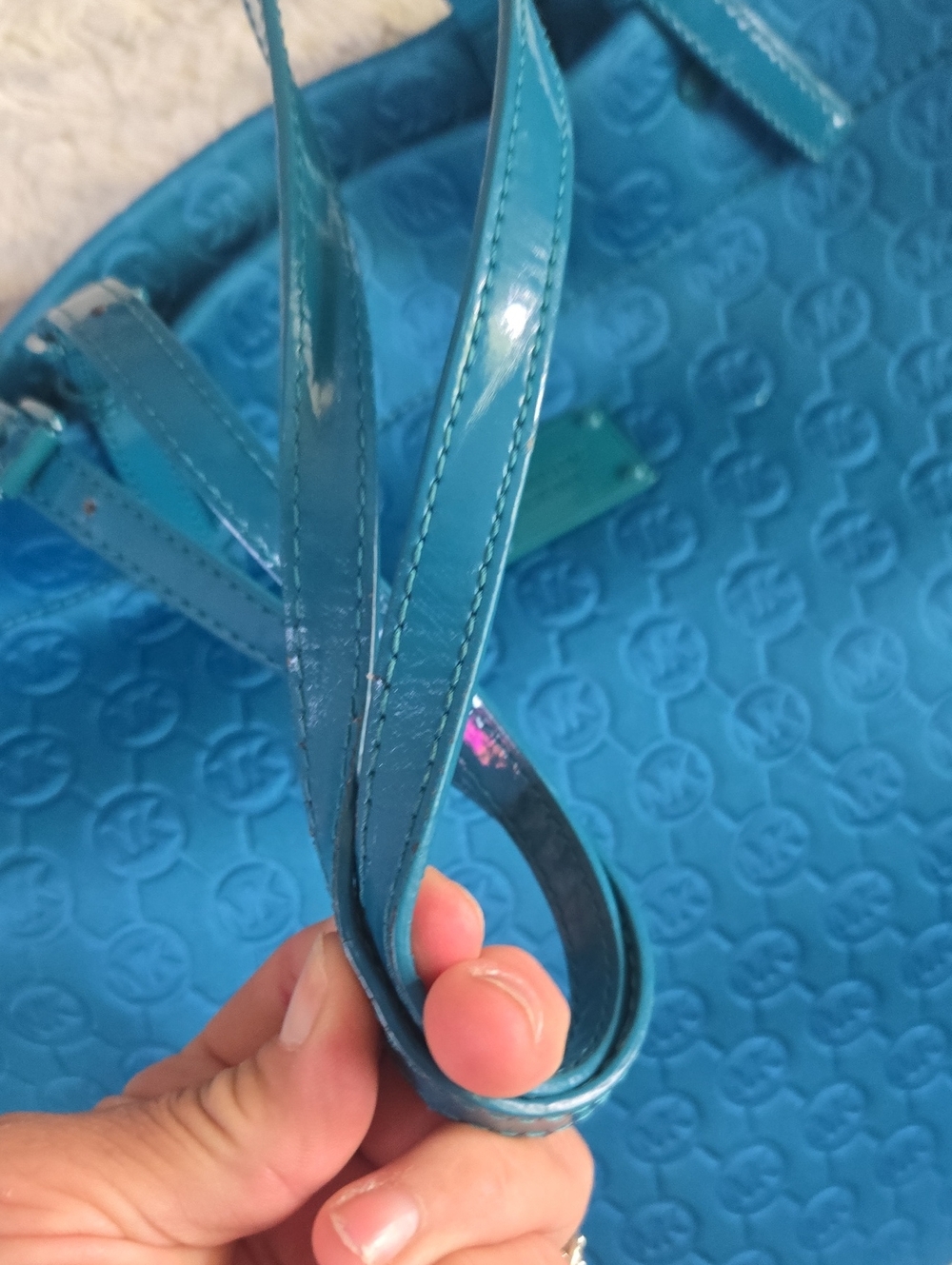 Michael Kors Teal Blue Embossed Logo Tote - Picture 5 of 8